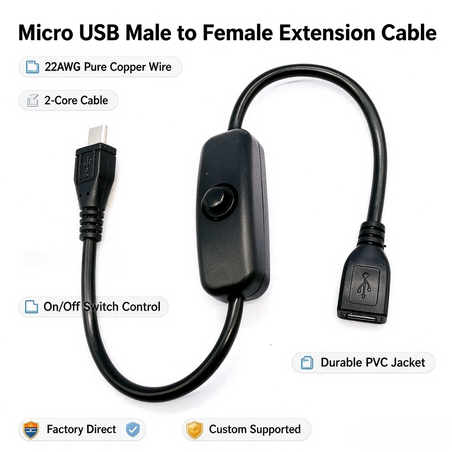 Micro USB Cable with 501 Button Switch and 5P Male and Female Power Cord