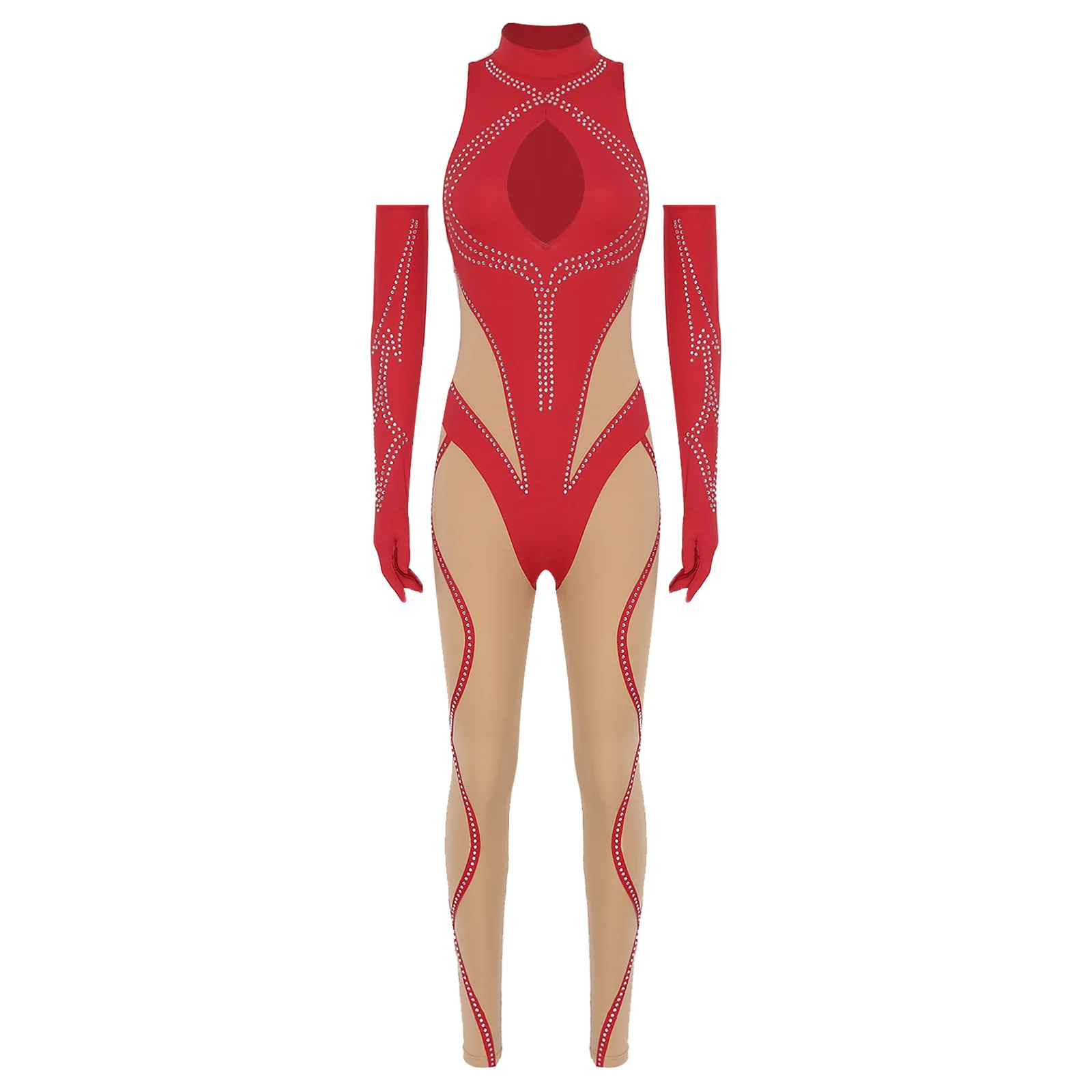 Glitzernder Damen-Gymnastik-Overall und lange Handschuhe mit langen Fingern, ärmellos, schmaler Strampler, Body für Yoga, Eiskunstlauf