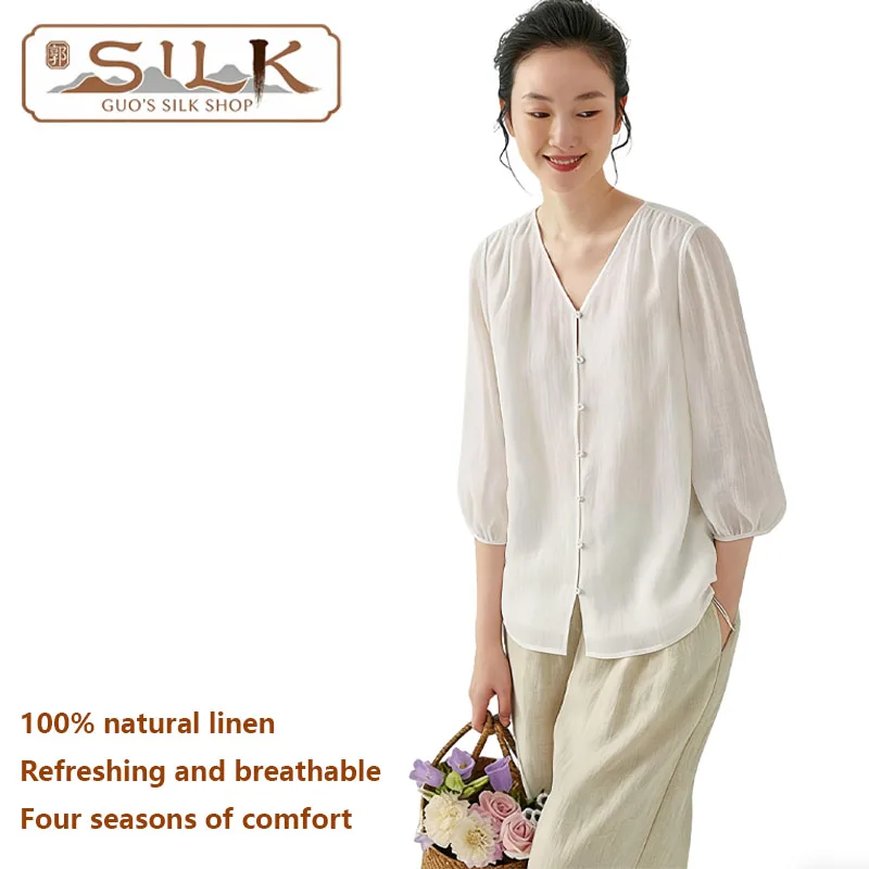 

Natural Pure Linen Women's Shirt, Three-quarter Sleeve V-Neck Top, Suitable for Summer, Comfortable, Relaxing and Cool