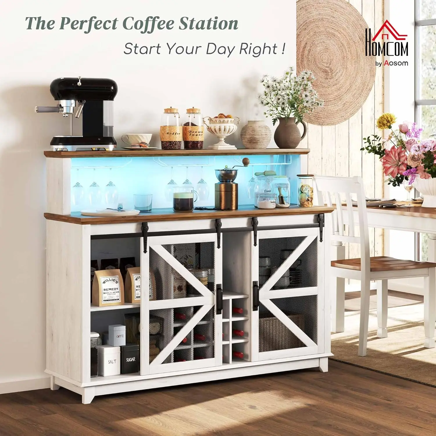 Smart LED Coffee Bar Cabinet 55in Wine Rack Glass Holder Sliding Mesh Door Kitchen Buffet Customized