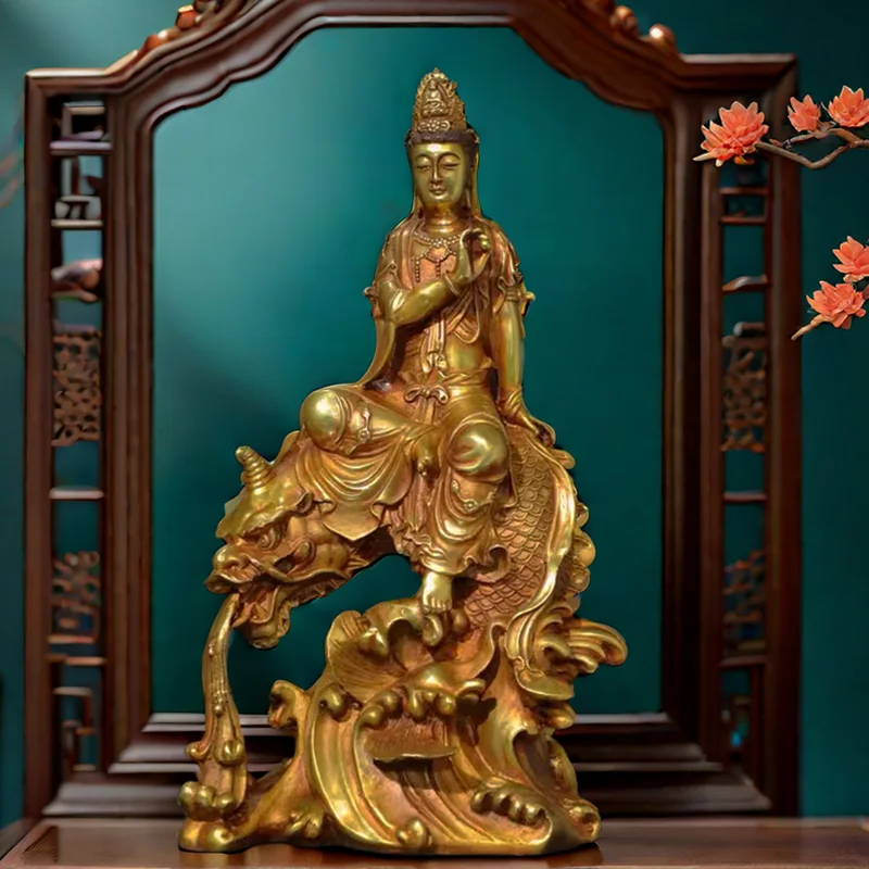 Antique collection pure copper gilt faucet fish free Guanyin Bodhisattva bronze statue Buddha statue home temple hall offering o