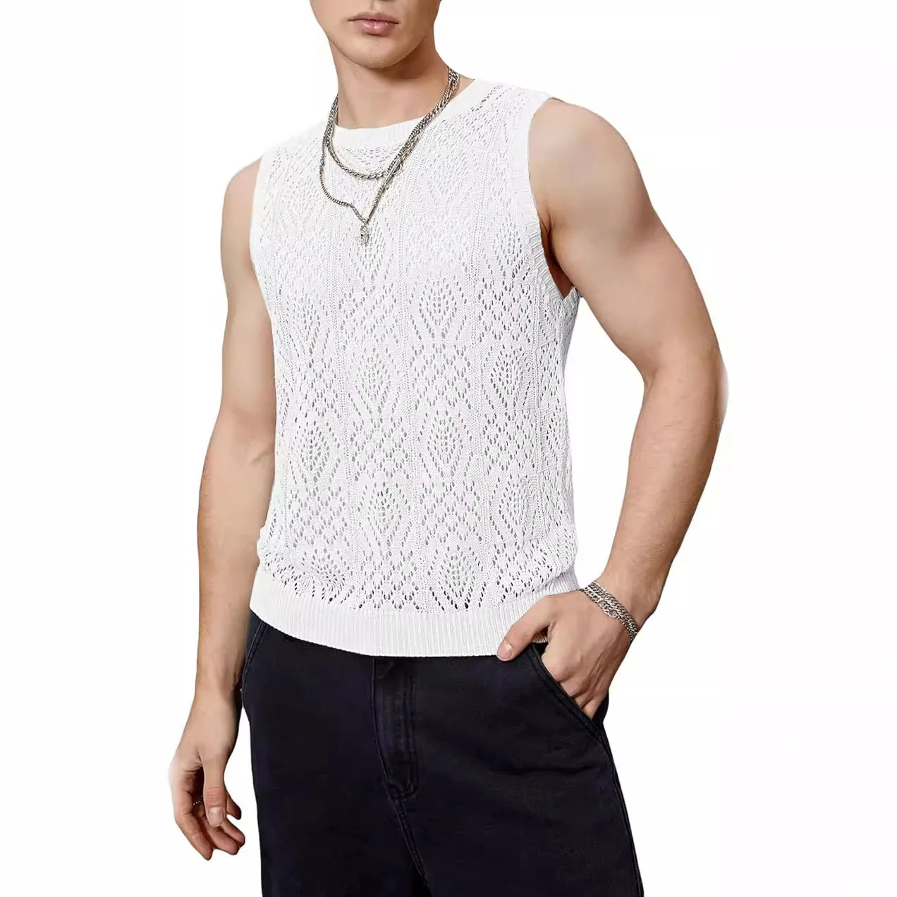 Streetwear Male Vest Thin Hollow Out Mesh Knitted Tanks Mens Sexy Summer Sleeveless Tank Top