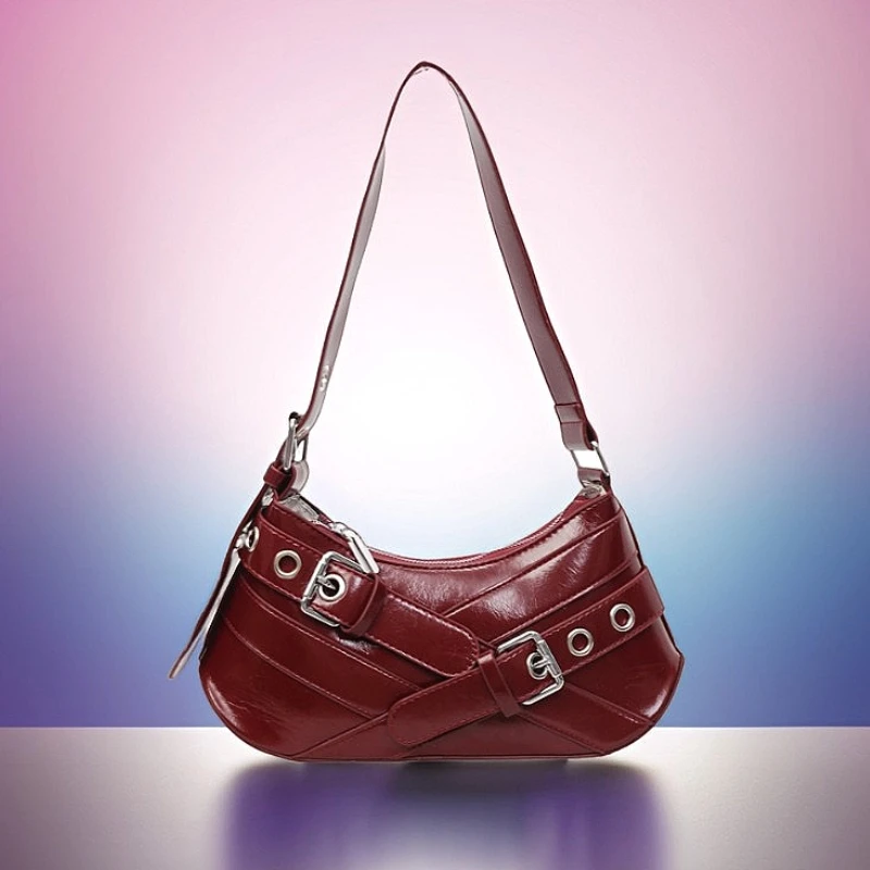 

Women's Burgundy Saddle Bag Vintage Crisscross Strap Shoulder Bag with Metal Buckle Decor Small Crossbody Purse for Daily Use​