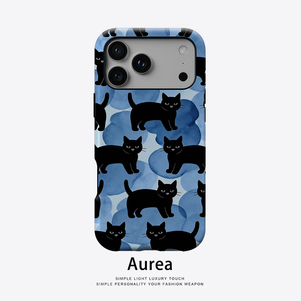 Aurea Case Matte Bumper für MagSafe Hülle für iPhone 18 17 16 15 14 Plus 13 Pro Max Stoßfeste Harte PC Hülle mit Aquarell-Schwarzer-Katzen-Design
