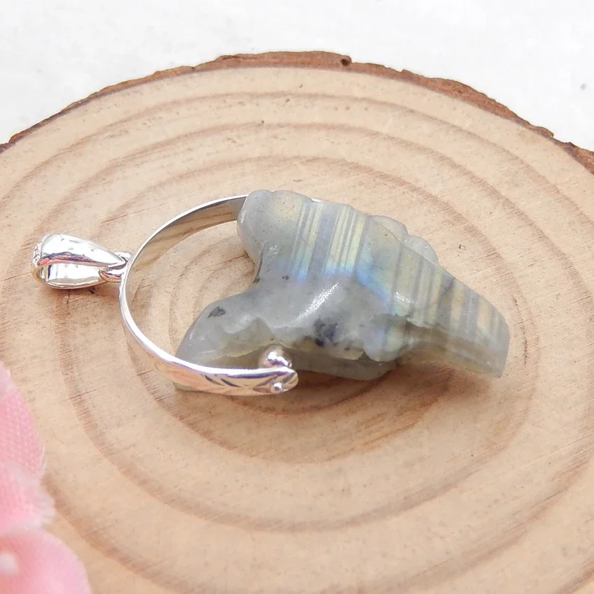 Wholesale 1pcs Fashion natural stone Labradorite Carved Wolf Head Sterling silver Pendant for jewelry making 22x16x8mm,3.9g