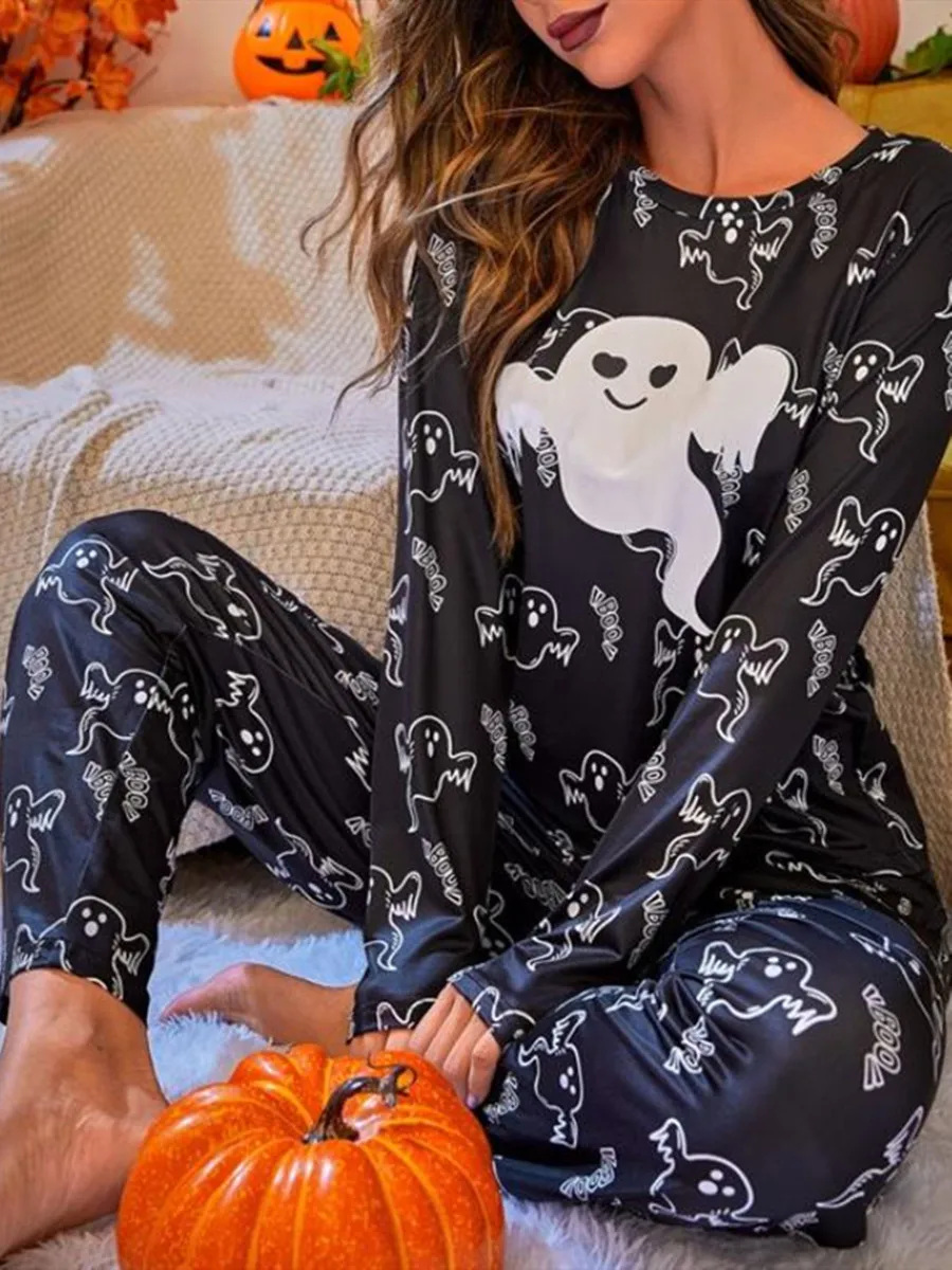 

Women Pajama Sets Halloween Ghosts and Pumpkin Print Spooky Outfits Sleepwear Long Sleeve Round Neck Tops Long Pants Suits Pjs