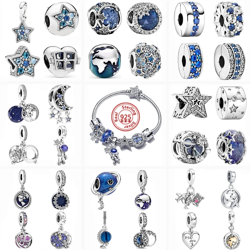 

Fit Original Pandora Bracelet DIY Jewelry 925 Sterling Silver Blue Planet Stars Moon Pendant Pavé Clip Beads Space Travel Charms