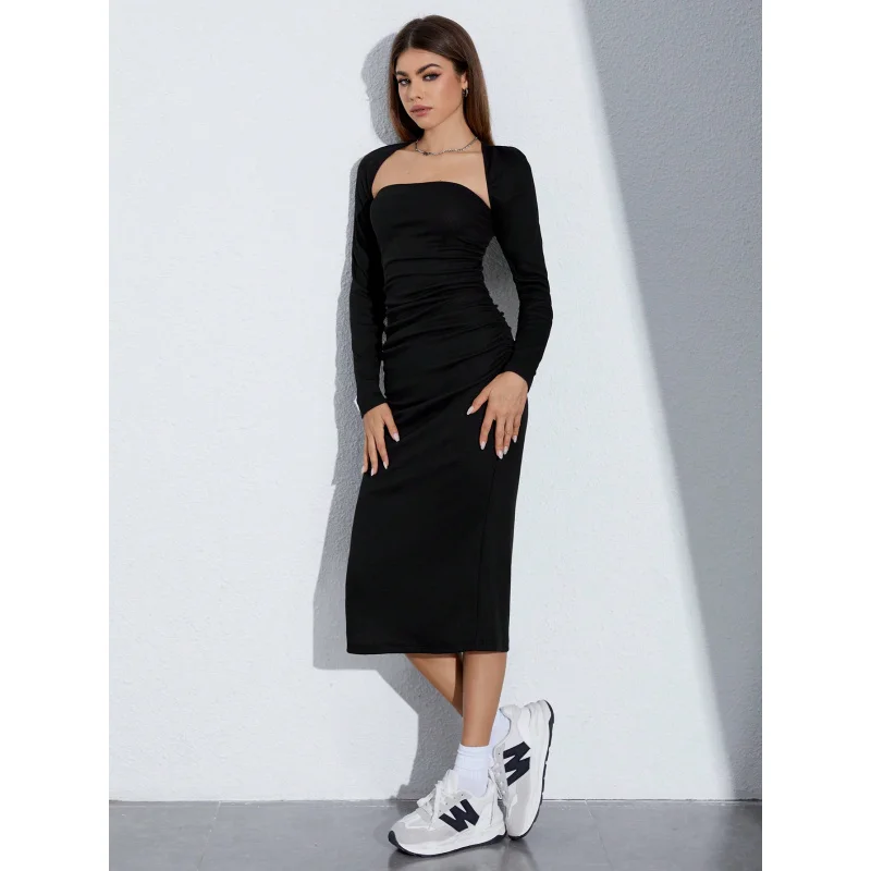 YQ1-فستان نسائي للخريف والشتاء بفتحة ضيقة ميدي مثير بدون حمالات وأكمام طويلة مكون من قطعتين #3