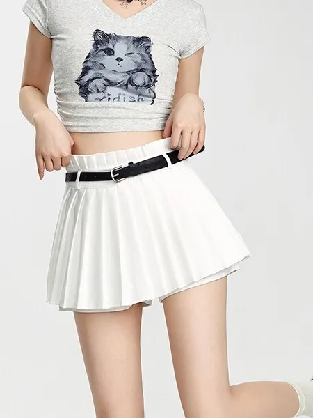 

High Waist A-Line Skirt with Belt White Women's Spring Summer New Style Slimming Skirt Korean Style Commute Polyester Fiber