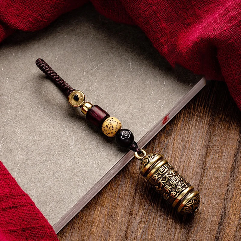Vintage Hohl-Messing Flaschen-Sutra-Zylinder-Anhänger Auto-Schlüsselanhänger Glücksbringer Leder-Taschenband Schlüsselring – Detail 3