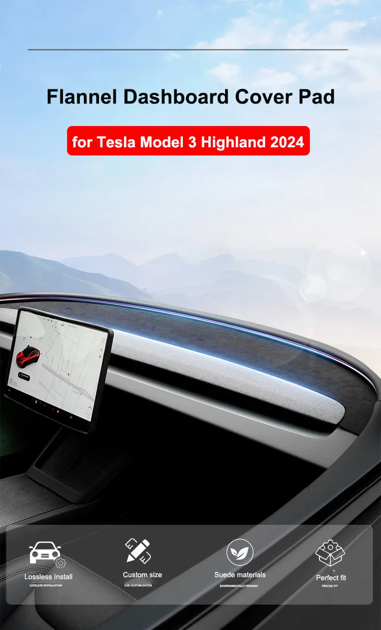 Für Tesla Model 3 Y YL Juniper Highland 2025 2026 Wildleder Armaturenbrett-Abdeckung Sonnenschutz Anti-UV Rutschfeste Armaturenbrett-Sonnenschutzmatte – Detail 1