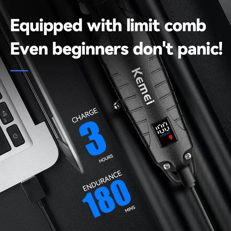 Kemei Km-2293 ماكينة قص الشعر اللاسلكية 0 مللي متر صفر فجوة نحت مقص الشعر المهنية الكهربائية إنهاء آلة القطع