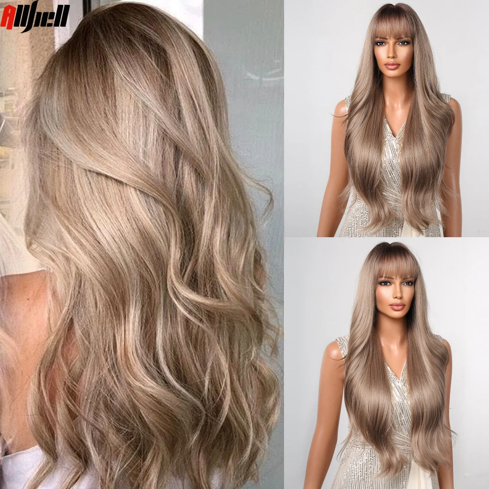 Ombre Blonde Brown Body Wave Synthetic Hair Wigs with Bangs for Black Women Long Curly Dark Roots Cosplay Daily Heat Resistant