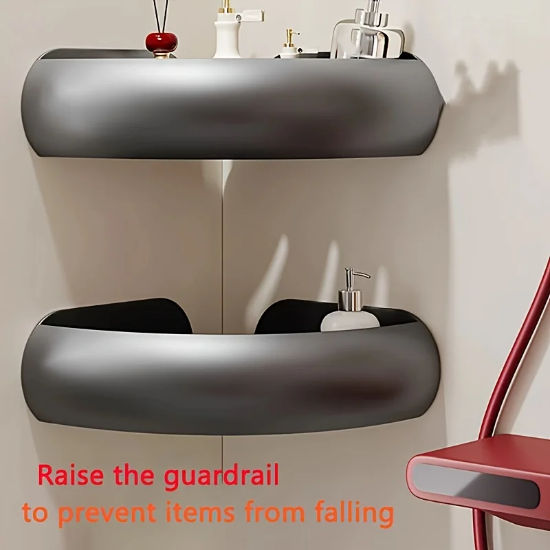 

1pc No Drill Wall-Mounted Corner Shower Caddy - Rust-Proof Aluminum Bathroom Shelves with 2 Hooks, 9.07KG Capacity, Curved