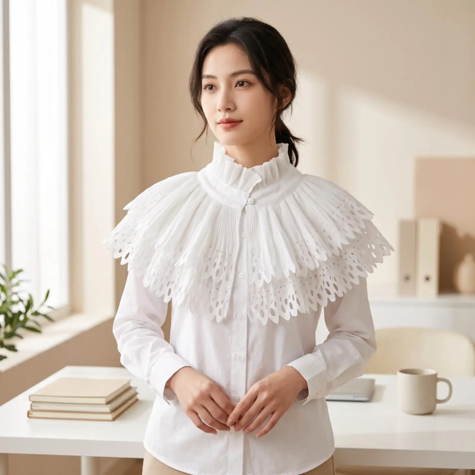 White Sun Protection Cape for Women Double Layer Ruffle Neck Decorative Overpiece for Tops
