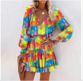 

Women's Vacation Dress 2026 Spring Summer Latest Casual Long Sleeved V-Neck Fashion Printed Waist Wrapped Mini Dress Short Skirt
