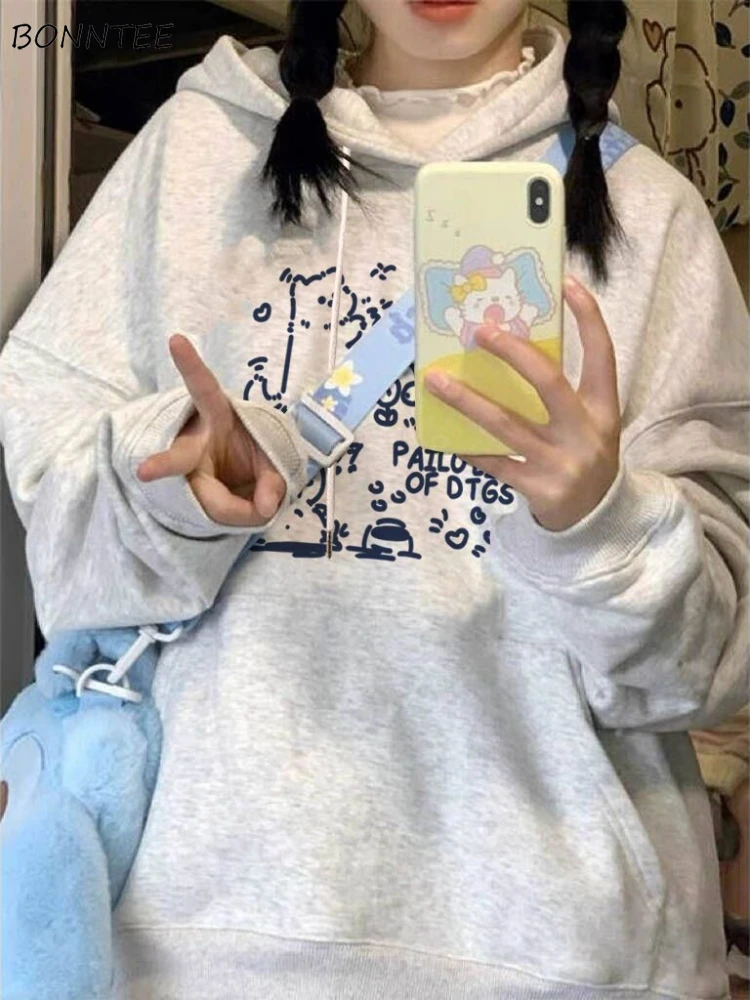 

With Hat Hoodies Women Plus Velvet Thicker Keep Warm Autumn Winter Streetwear Letter Printed Pockets Loose Casual Sweatshirts