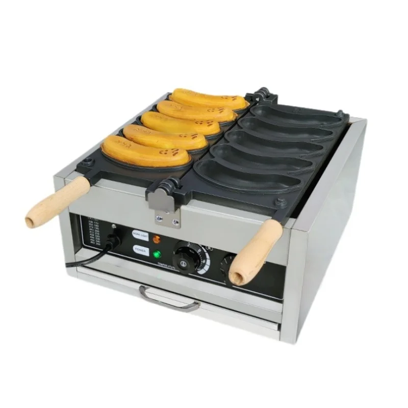 

Banana Shape Waffle Maker Five Holes Banana Burner Non-stick Coating 180° Flip Stainless Steel Snack Muffin Baking Tray