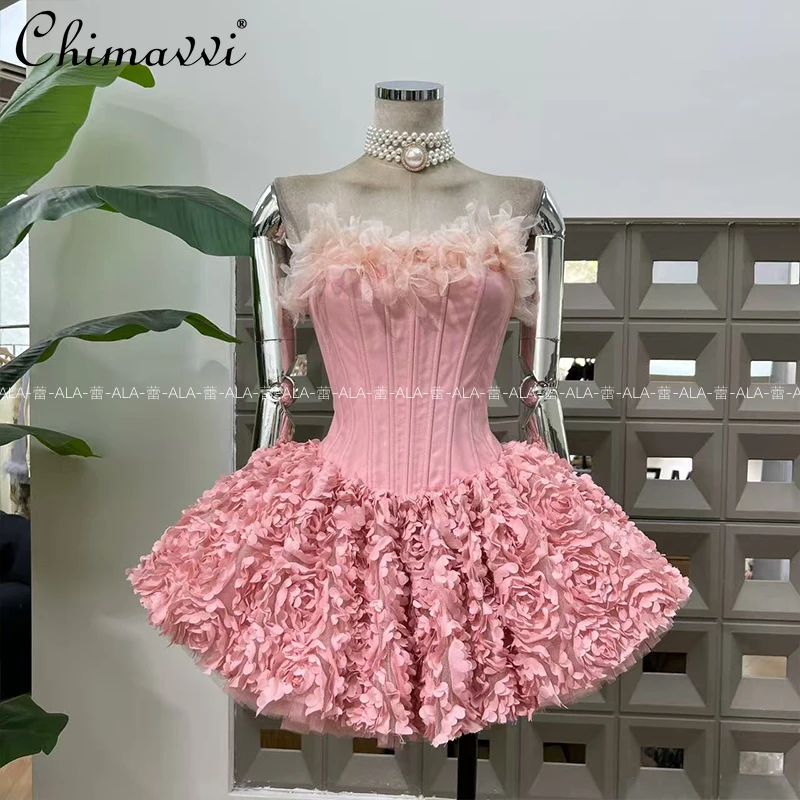 

High-End Fairy Sweet Flower Mesh Ballet Dress 2025 New Fashion Women's Fishbone Corset Birthday Party Lace-Up Strapless Dresses