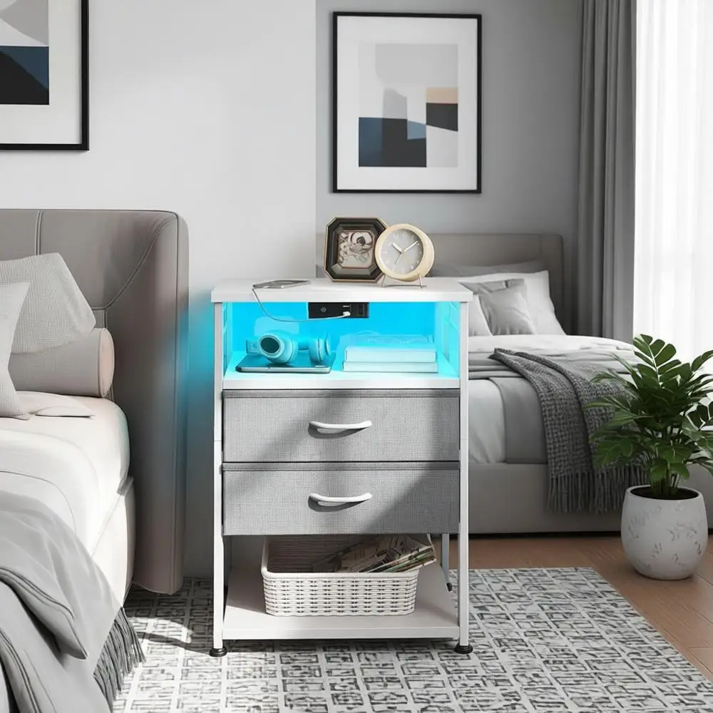 

Прикроватная тумбочка для спальни с зарядной станцией, 4-уровневым хранением, белая и светло-серая