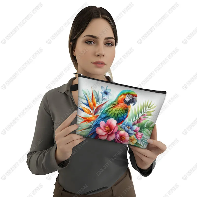 Watercolor Parrot Cosmetic Cases Macaw Toucan Hummingbird Birds Makeup Bag Women Toiletry Washing Bags Lipstick Holder Organizer