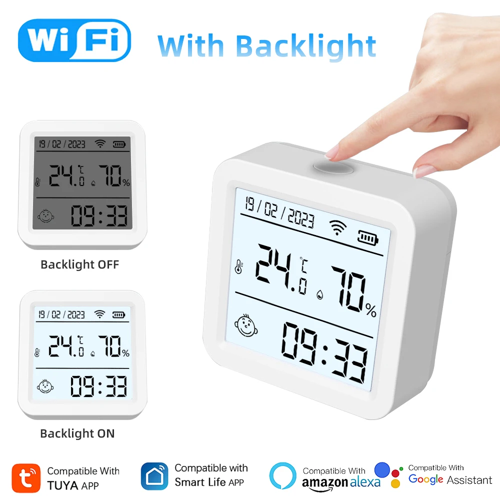 Sensor inteligente de temperatura y humedad con WiFi, Monitor remoto con retroiluminación, pantalla LCD, compatible con asistente de Google y Alexa, Tuya