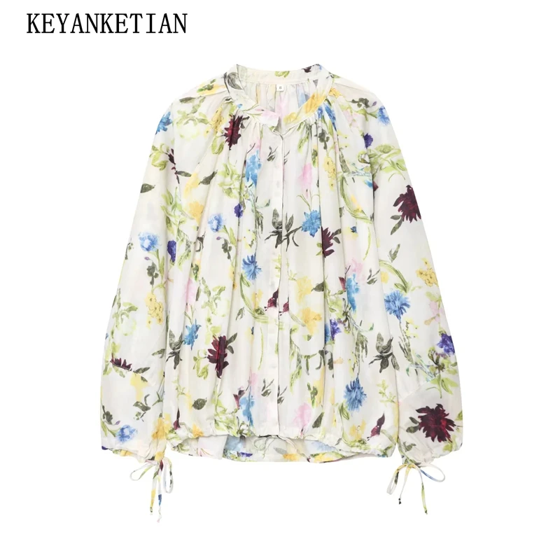 

KEYANKETIAN 2025 Autumn New Women's Flower Print Shirt Top Pastoral style Lace-up Cuffs O-Neck Single Breasted Loose Blouses