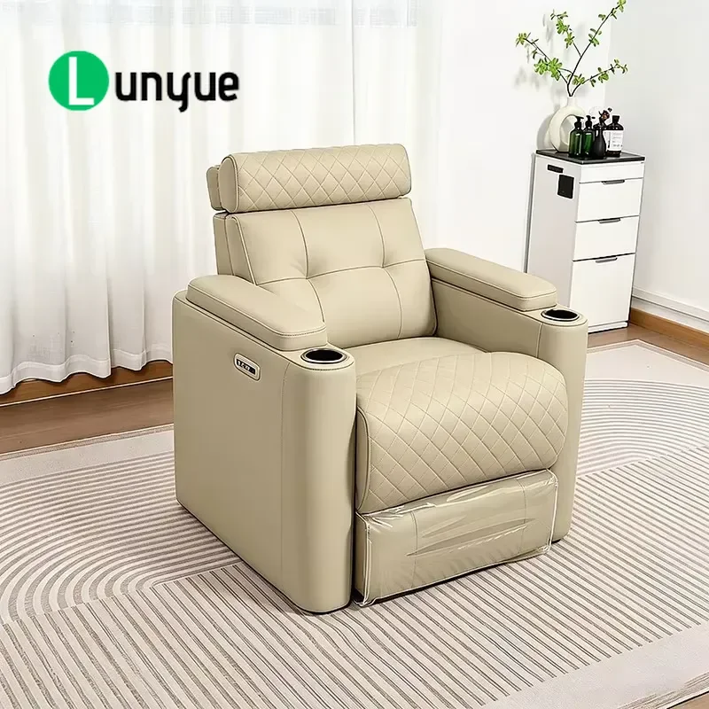 Electric Shampoo Chair Double Motor Reclining PU Leather Wooden Frame High Density Sponge Headrest Scalp Care for Hair