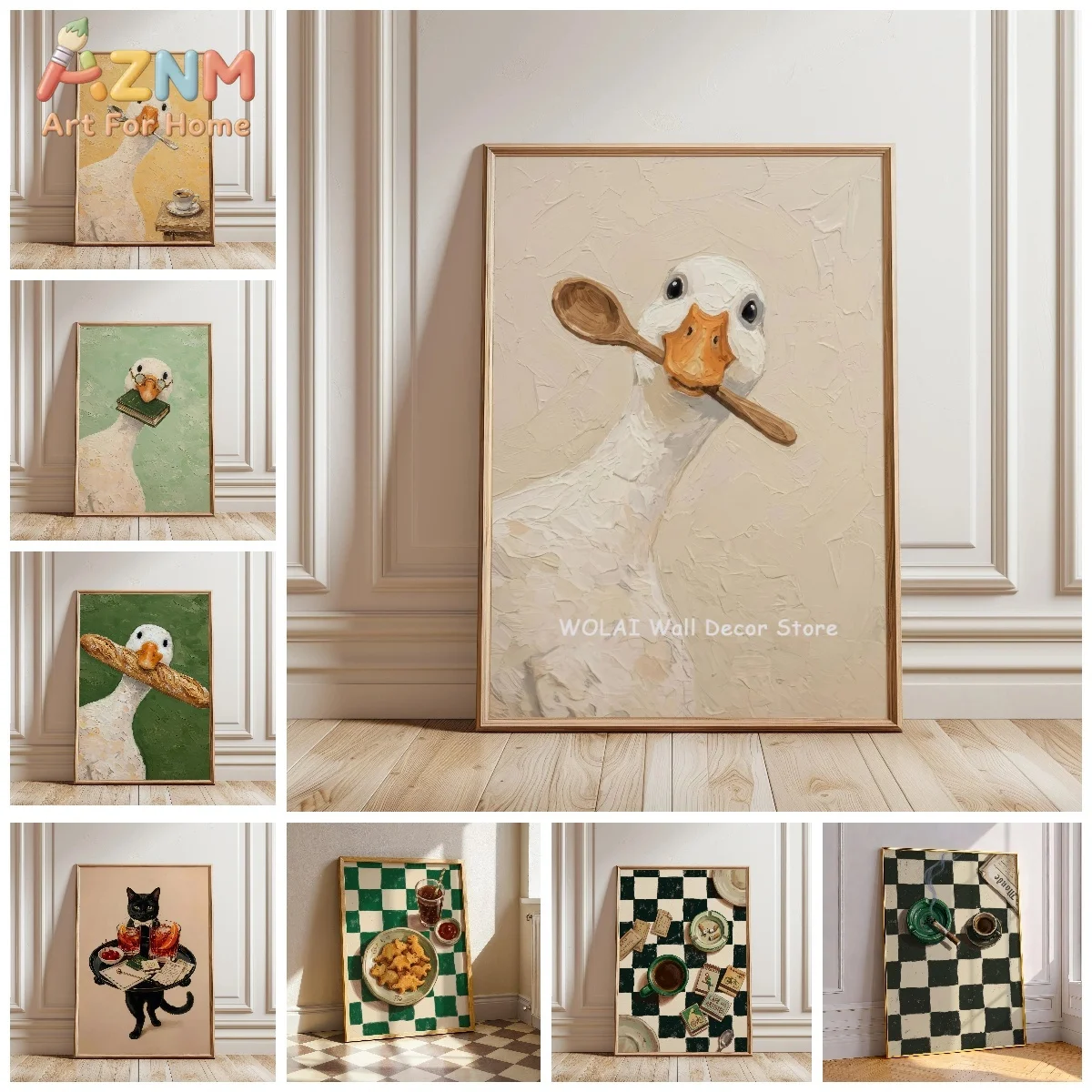 Whimsical Silly Goose Reading & Duck Kitchen Canvas Print Espresso Matchbox Wall Art Poster for Modern Coffee Bar Home Decor