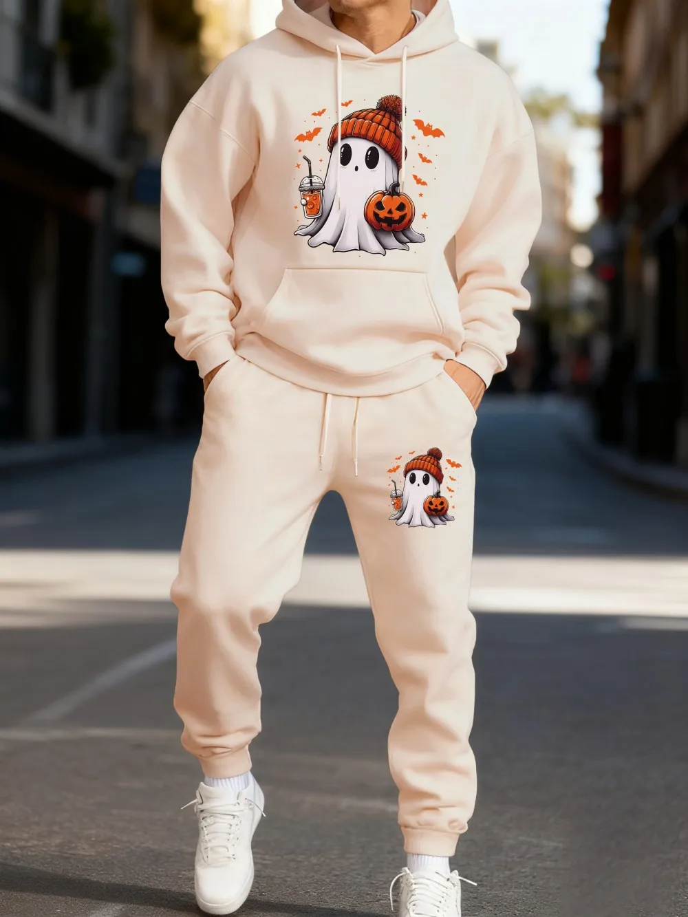 2Pcs Sweatpants Set Mens Cute Halloween Ghost Pumpkin Prints Hoodies Sporty Loose Fleece Sweatshirts Autumn Pocket Jogging Pants