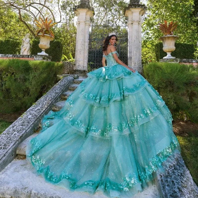 ANGELSBRIDE Mint Green Quinceanera Dresses Birthday Party Dress Applique Beads With Detachable Train Graduation Gown Customized