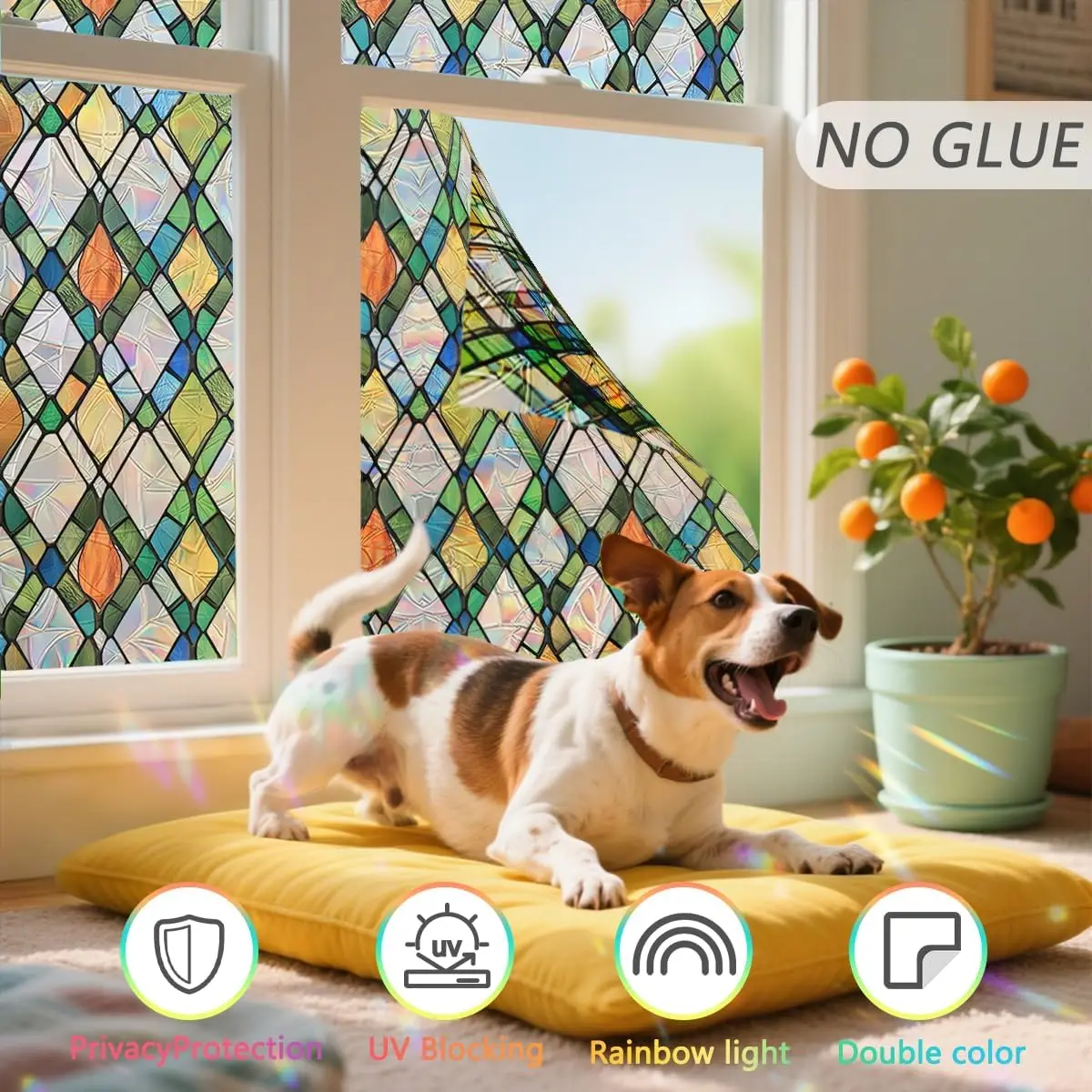 Gitter-Buntglas-Fensterfolie, statisch haftend, nicht klebend, Privatsphäre, dekorativ, Regenbogenfarben, große breite Folie für Fenster, Türen, Seitenlicht