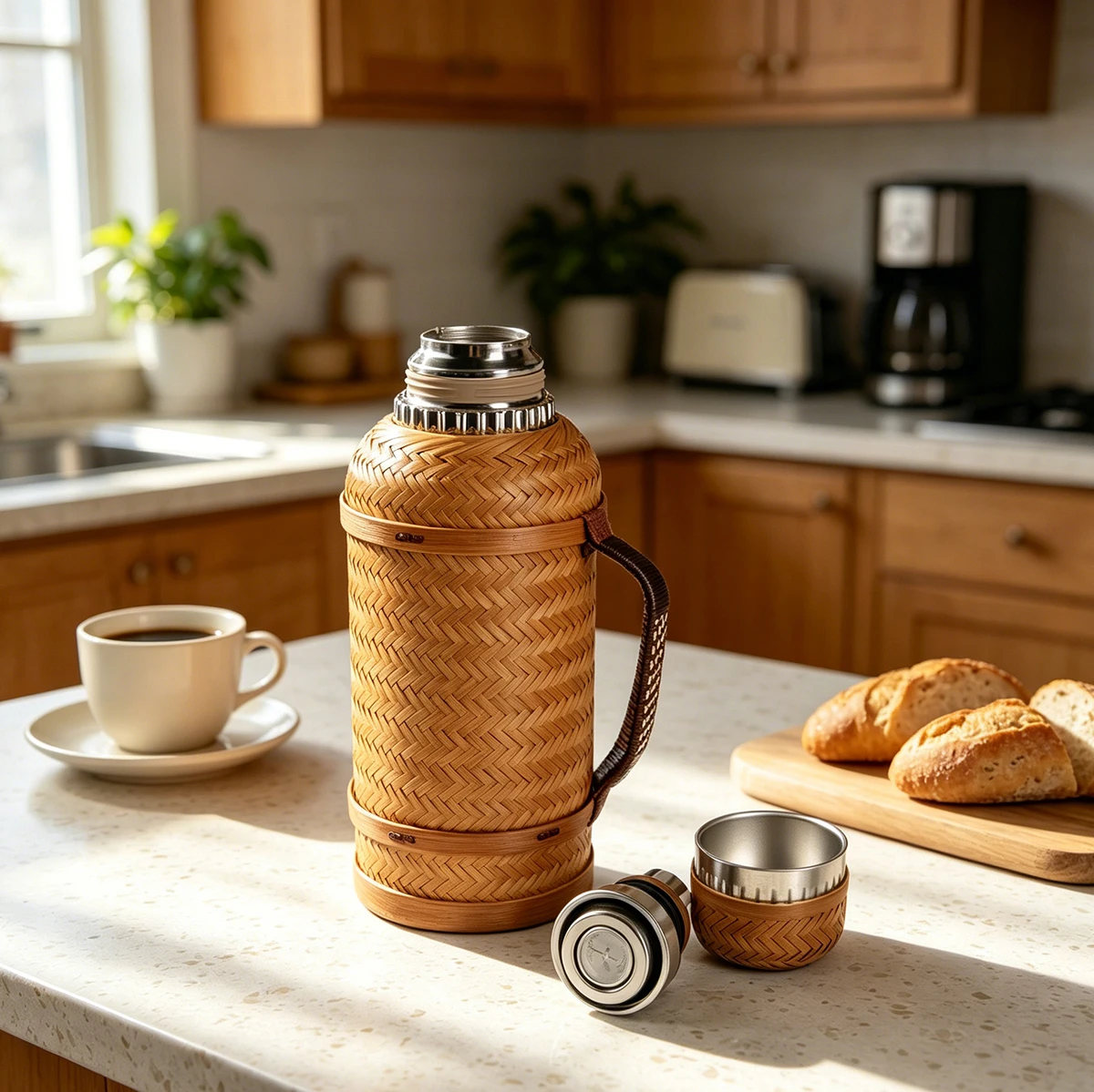 Handmade Lacquer Bamboo Woven Thermos Flask SUS316 Stainless Steel Vacuum Insulated Water Bottle with Mechanical Temperature Gau