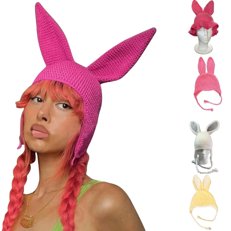 

Women Pink Knit Hat Winter Woolen Yarn Cap Rabbit Ear Skull Cap Cosplay Party Hat for Teens Adult Universal Headdress