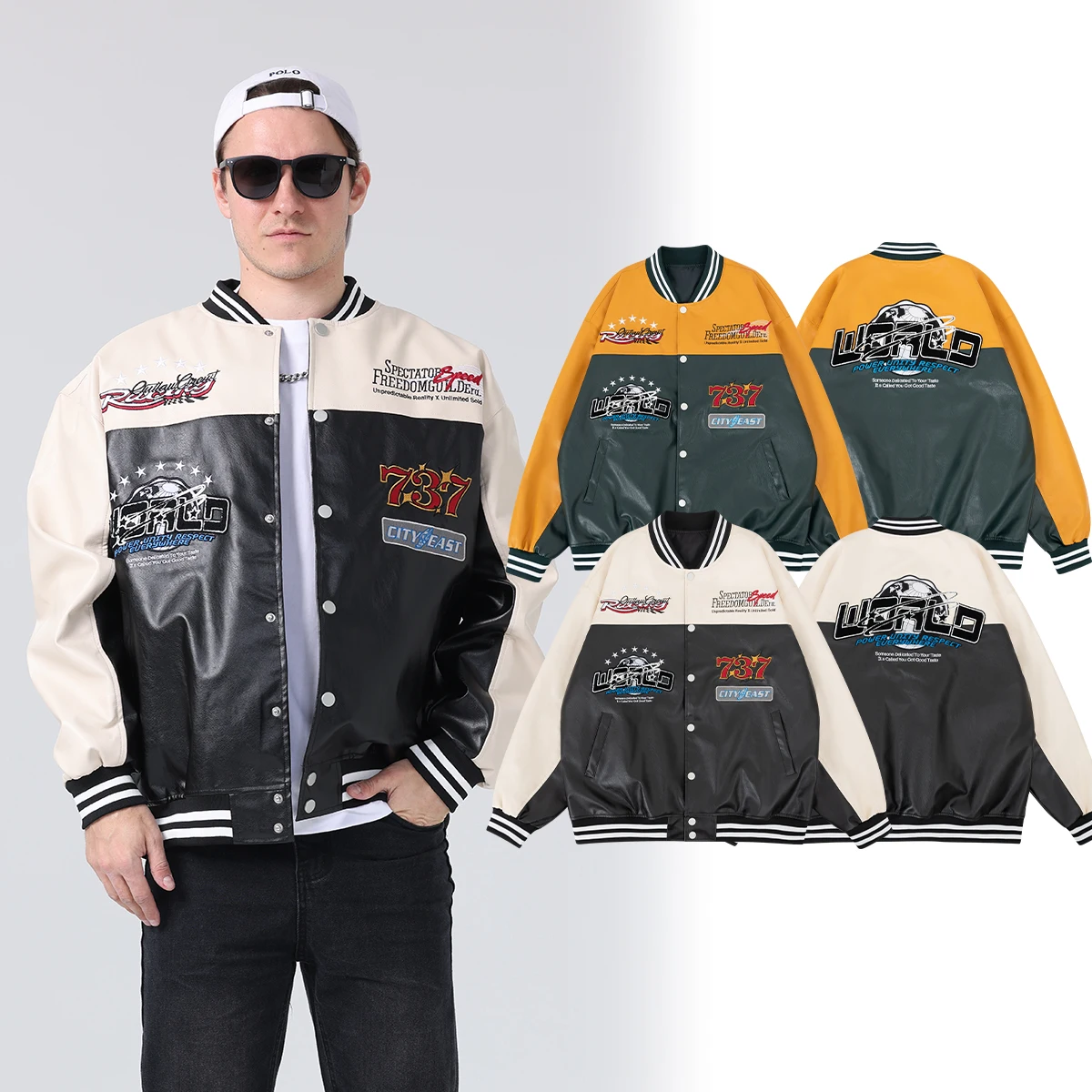 Men's Faux Leather Motorcycle Jacket PU Casual Loose Biker Outerwear 24H shipped Spring&Autumn Unisex Varsity Baseball Coats