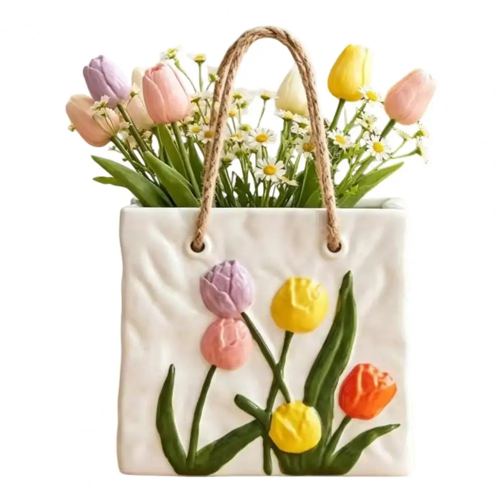 Handbag Shaped Ceramic Vase Tulip Flower Embossed Modern Flower Vase for Centerpieces Flower Arrangement Home Office Decor
