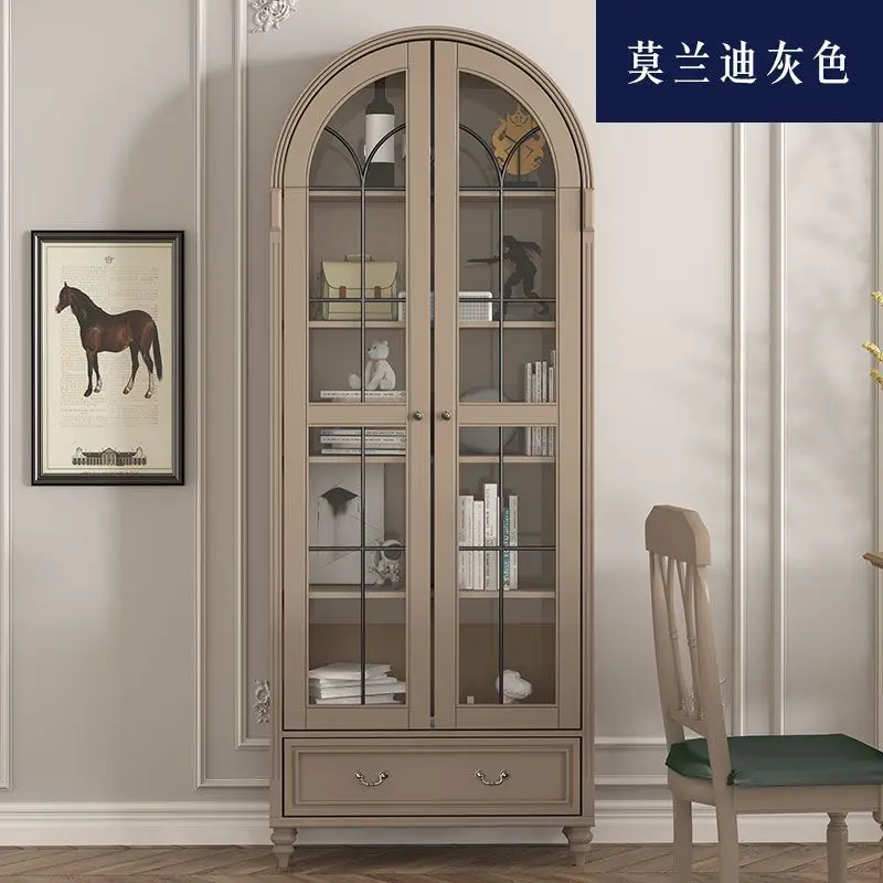 Solid wood American light luxury retro French wind rice arched glass door wine cabinet study walnut bookcase
