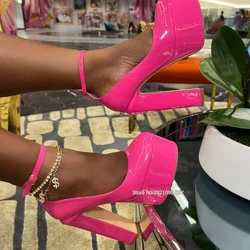 Pink Patent Laether Thick Platform Pumps with Ankle Strap for Women Shiny Leather Chunky Heeled Dress Shoes