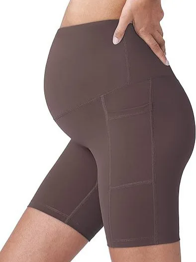 Maternity High Waist Yoga Shorts with Pockets, Belly Support Butt Lifting Workout Leggings for pregnancy Women, 5inch
