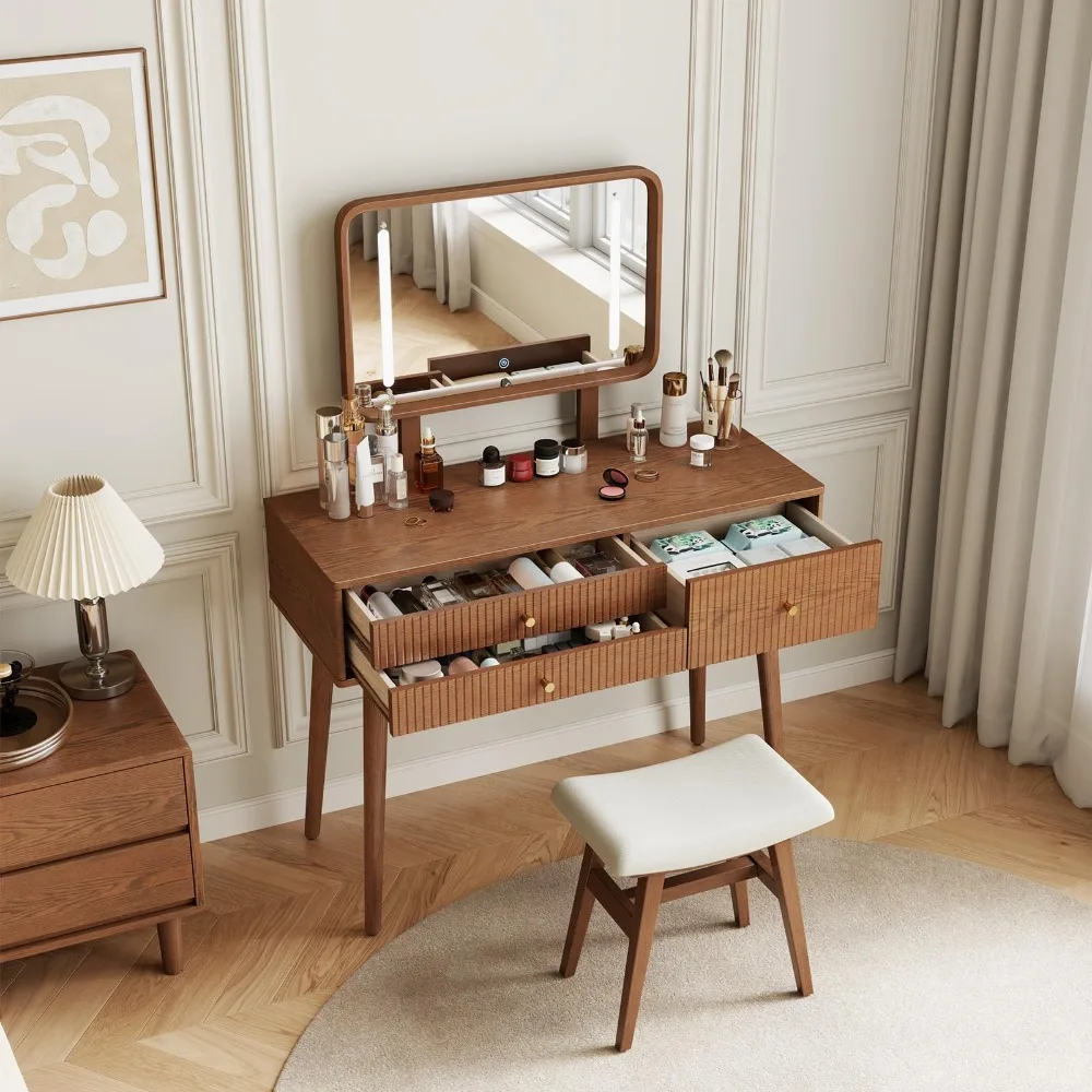 Wood Vanity with Mirror Light, Three-Drawer Vanity, Three-Color Adjustable Vanity Mirror, Suitable for bedrooms and
