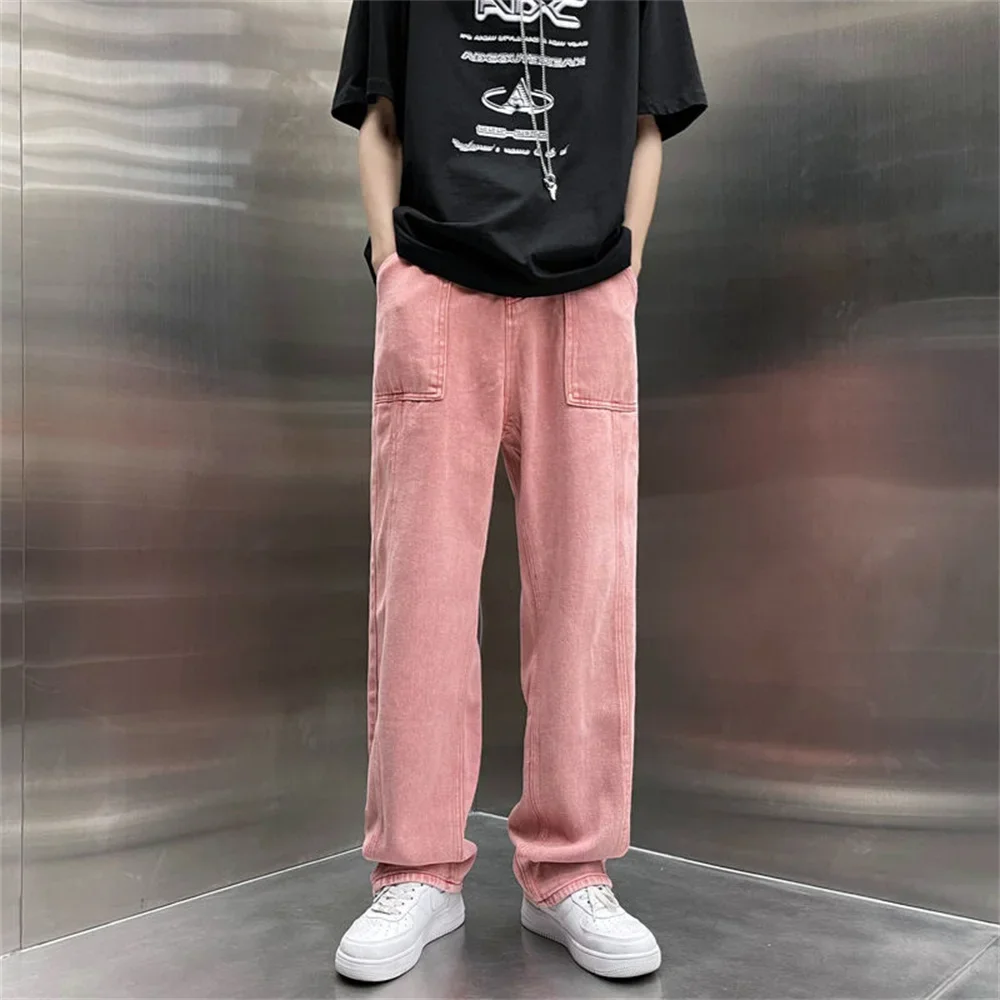 2025 Men's Work Baggy Homme Casual Pants Classic Style Jeans Pink/blue Black Loose Straight Pants Biker Denim Trousers M-2XL