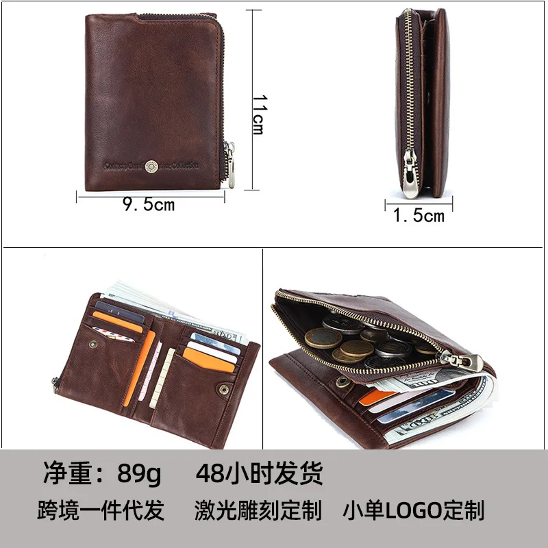 HTS-M1307 تتفاعل مكافحة سرقة فرشاة رئيس طبقة جلد البقر الرجال المحفظة الرجعية عارضة سستة محفظة نسائية للعملات المعدنية