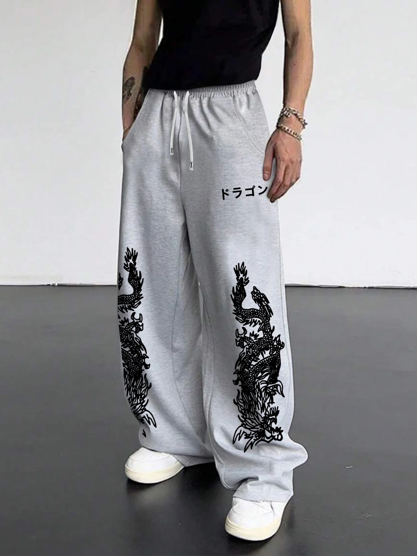 Men 3D Traditional Dragon Graphic Print Trousers Asian Myth Creature Elastic Waist Drawstring Wide Leg Street Long Pants