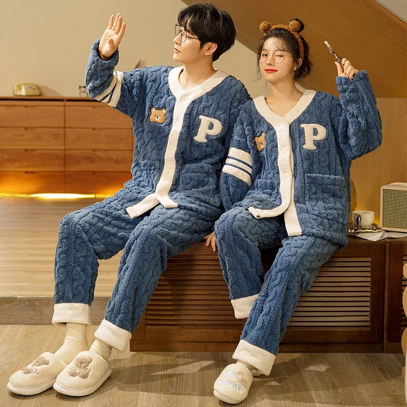 

Winter Couple Pajamas Set Thicken Women Men Sleepwear Pajama Thicked Warm Lovers Adult Homewear Kimono Pyjamas feminino Hombre