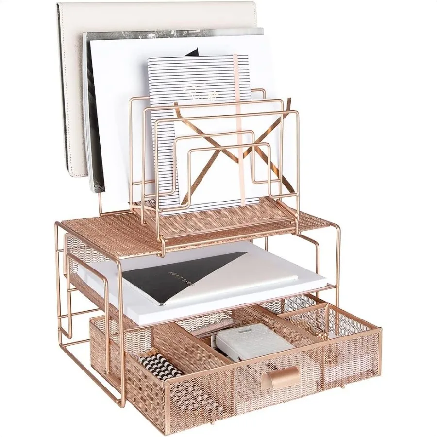 

BLU MONACO Workspace Rose Gold Desk Organizer and Accories Desktop Rack with File sorters and Drawer for Office plies Paper Dev