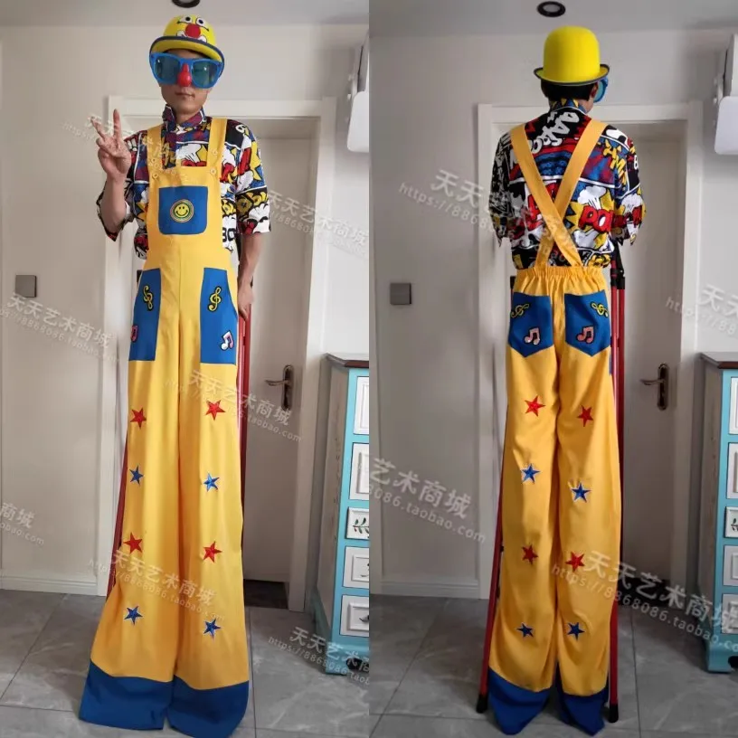 Andador de stilt azul y amarillo, pantalón largo de payaso, disfraz de fiesta, traje de festival de anime, ropa de celebración