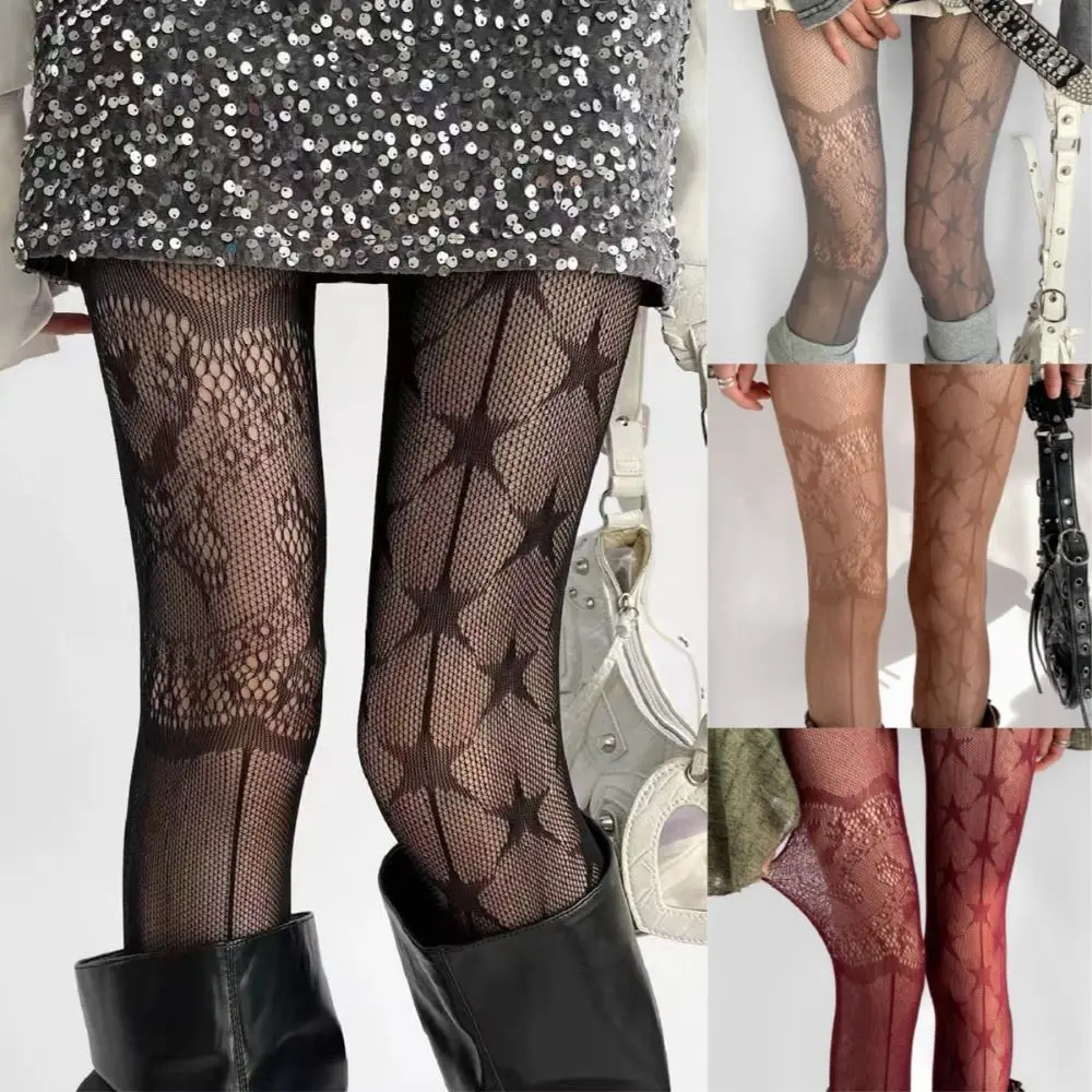 Y2k Female Sexy Silk Stockings Five-pointed Star Print Breathable Lace Fishnet Stockings Ultra-thin Elastic Mesh Pantyhose