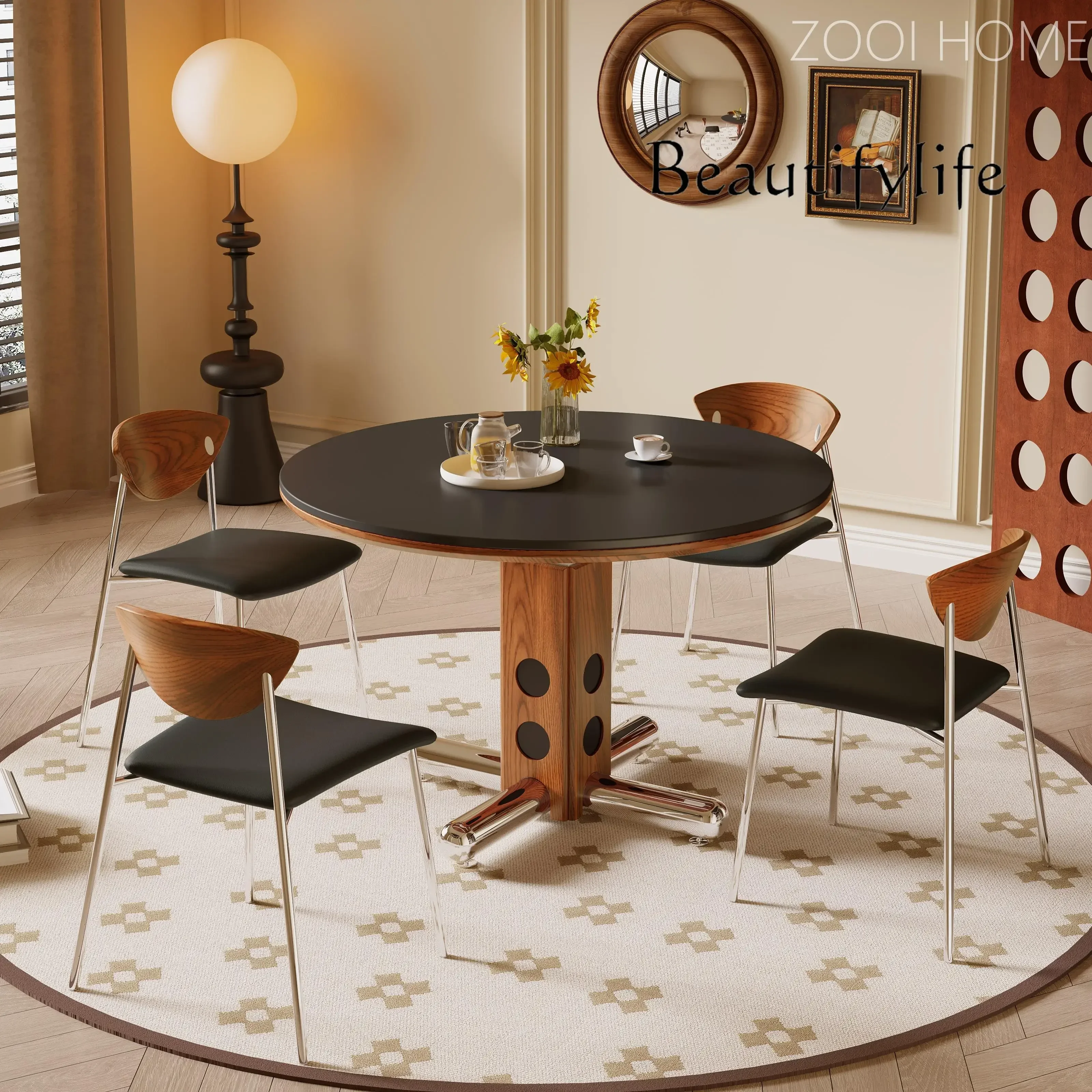 

Bauhaus round table household living room stainless steel ash wood medieval round rock slab dining table