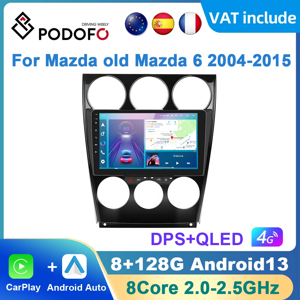 Podofo AI Voice Android Carplay Car Radio For Mazda 6 2004-2015 Android Auto 4G Multimedia Navigation GPS Autoradio DSP