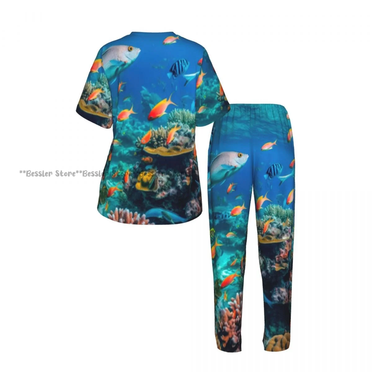 Women's Pajamas Set Colorful Fish And Sea Animals Short Sleeve Sleepwear 2 Piece Homewear Loungewear view 3